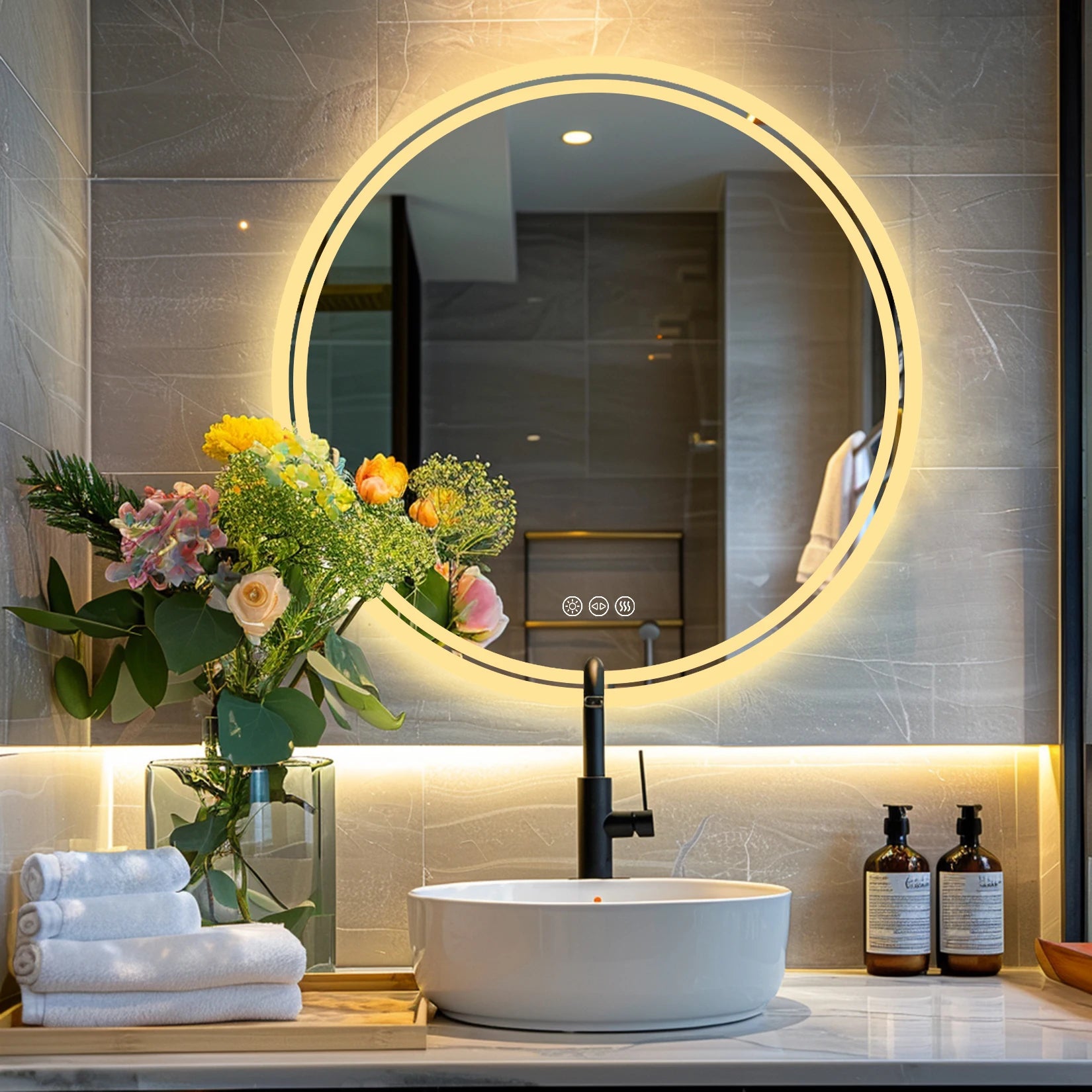 Round LED Backlit Bathroom Mirror with Anti-Fog and Touch Sensor