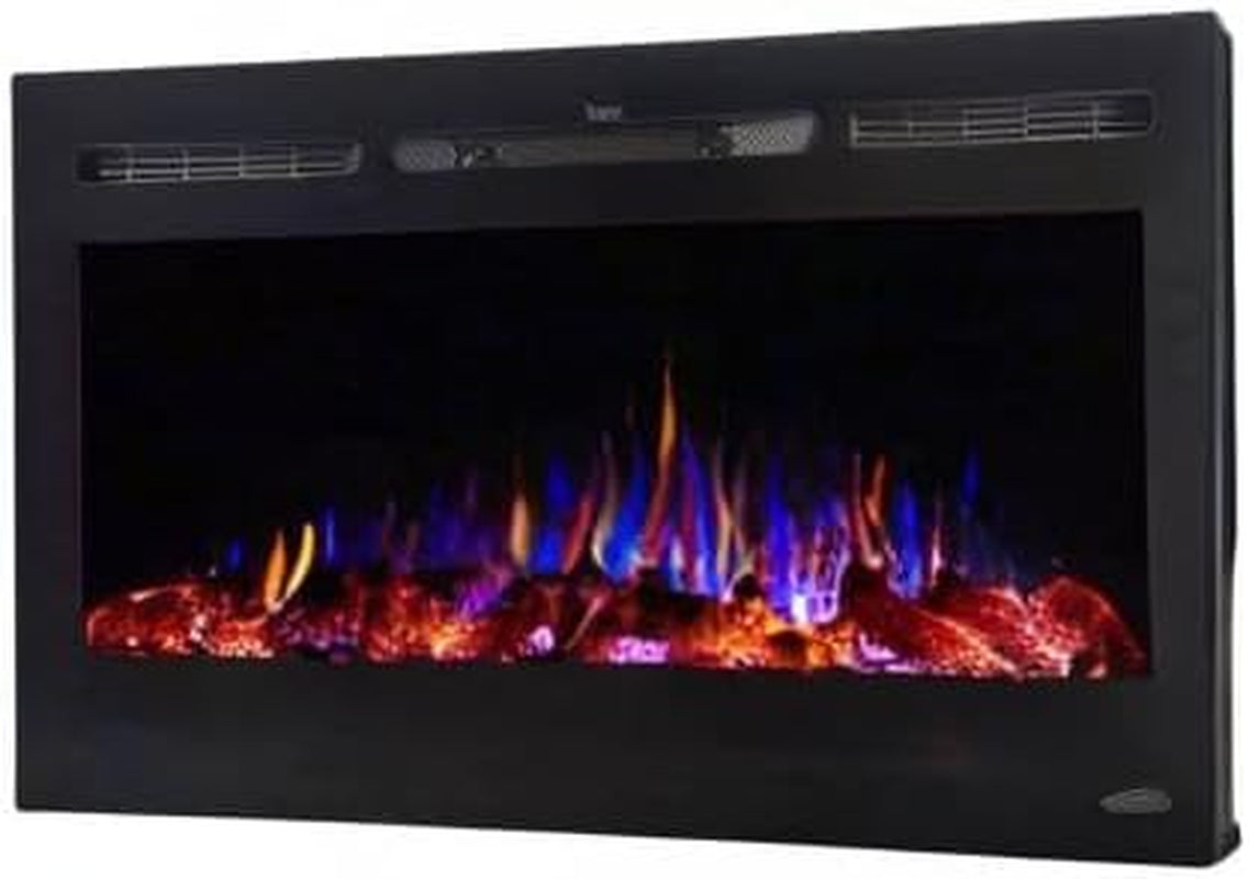 Smart Electric Fireplace-The Sideline 36 Inch Wide-In Wall Recessed-30 Realistic Ember Color/Flame Options-1500W Heater W/Thermostat-Black-Log & Crystal Hearth Options -Alexa/Wifi Enabled